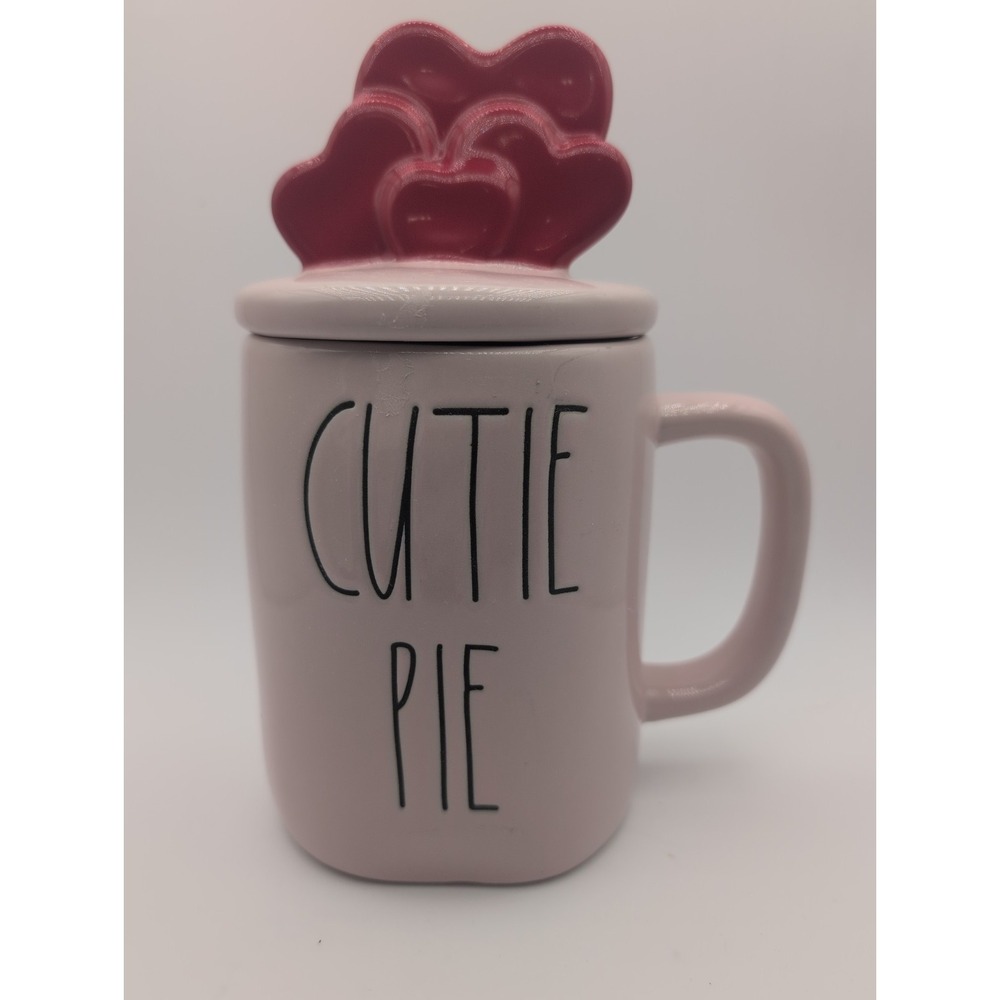 Rae Dunn CUTIE PIE Pink Mug w/ Heart Lid Valentine Tiered Hearts Love Coffee Tea